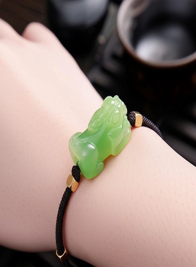 Chiorgone Handmade Hotan Jade Pixiu Bracelet - Black Woven Cord with Gold Tone Metal Beads, Green Jade Wealth Mascot Pendant, Fengshui Lucky Charm Bracelet for Men/Women. - Image 5